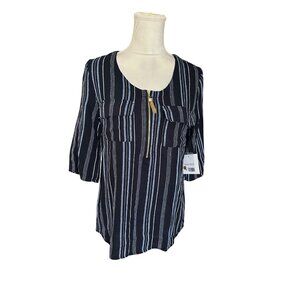 Ellen Tracy Half Zip Linen Blend Striped Tunic Top Gold Zipper Sz S NWT